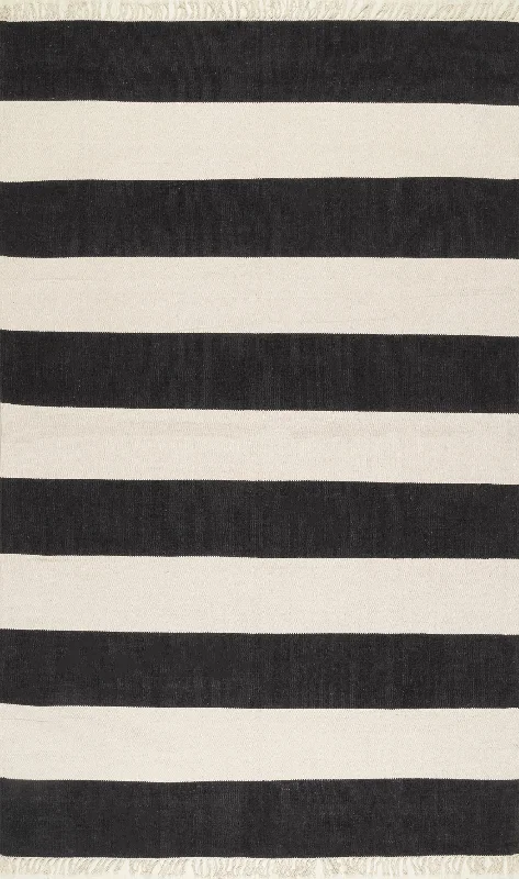 Awning Striped Flatweave Tassel Rug | Black