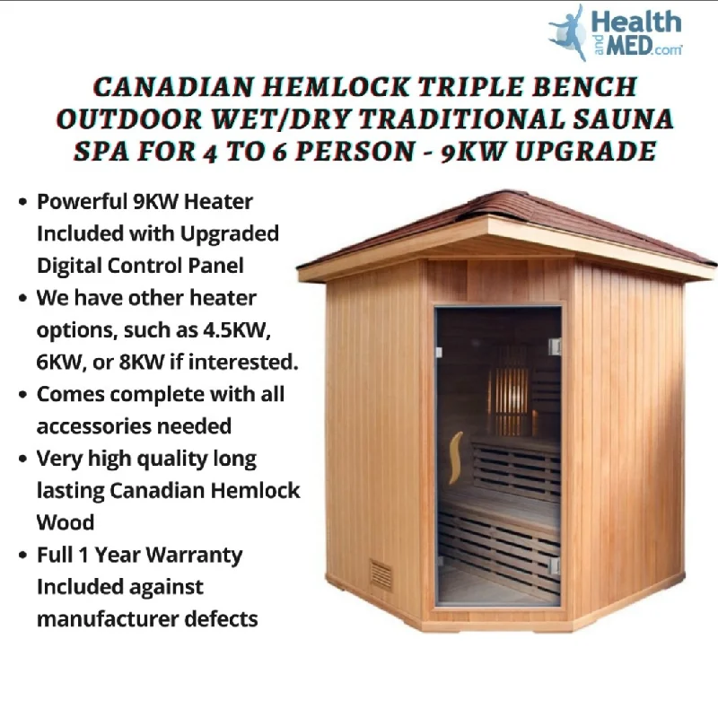 Canadian Hemlock Triple Bench Outdoor Wet/Dry Traditional Sauna Spa for 4 to 6 Person - 9KW upgrade