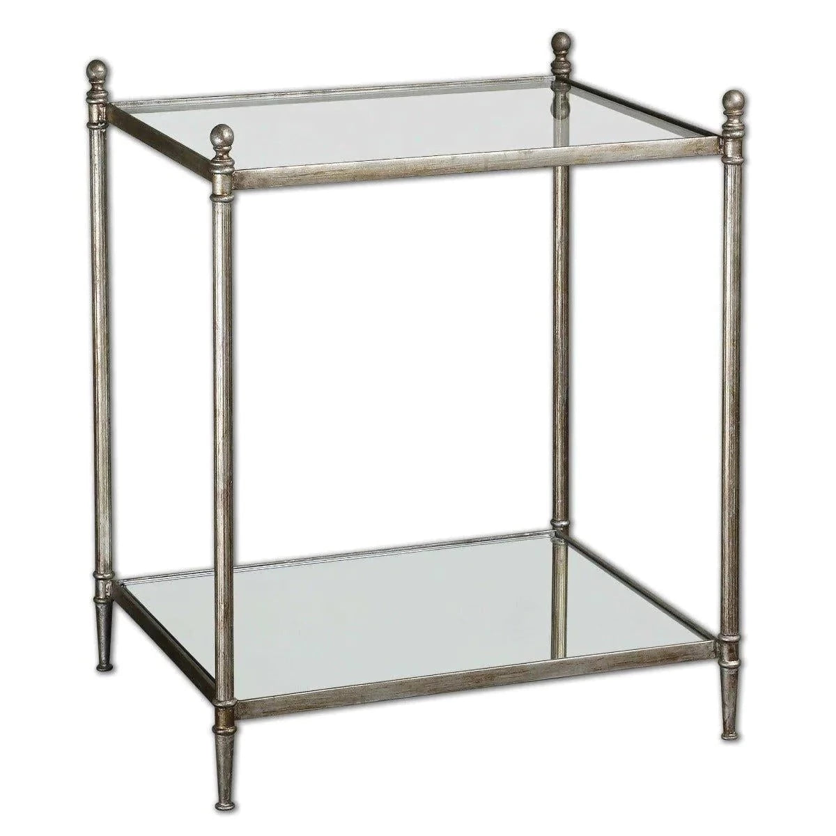 Antiqued Silver Leaf Iron End Table with Glass Top and Mirror Shelf