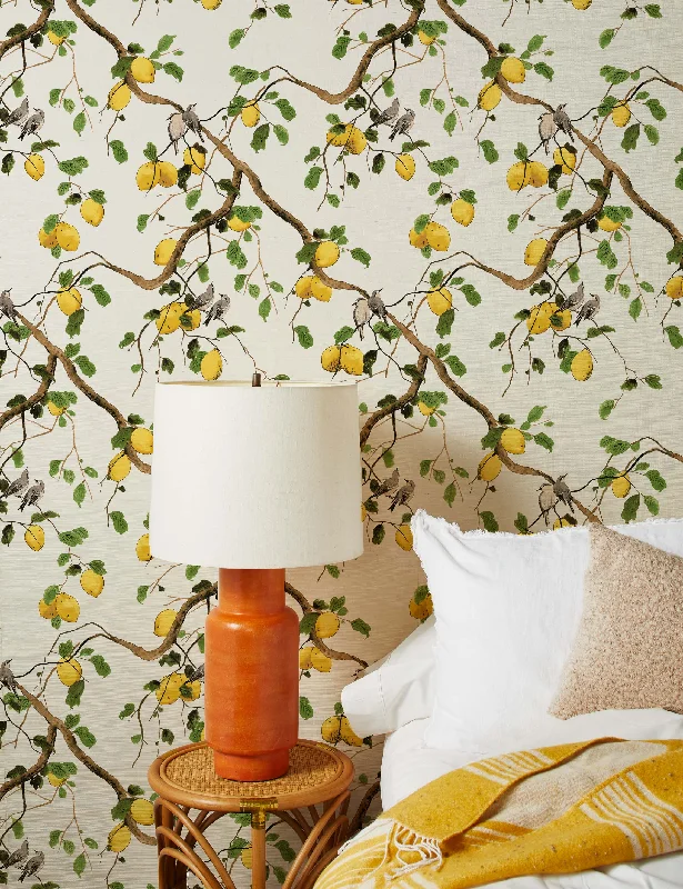 Lemon Birds Grasscloth Wallpaper by Nathan Turner