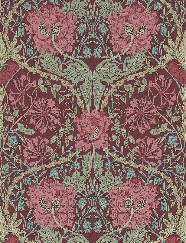 Pure Honeysuckle & Tulip Wallpaper by Morris & Co. Swatch, Burgundy