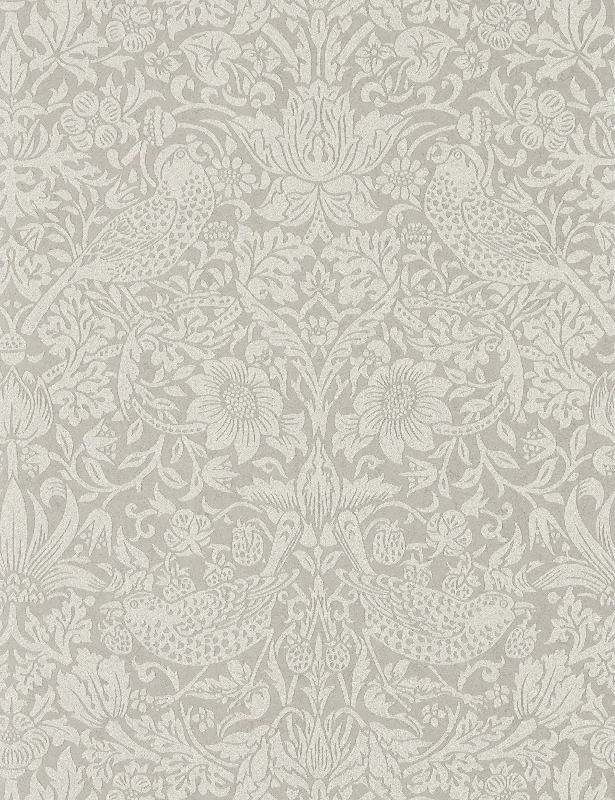 Pure Strawberry Thief Wallpaper by Morris & Co. Swatch, Silver and Stone