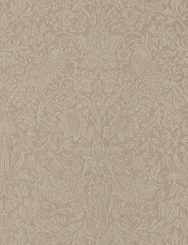 Pure Strawberry Thief Wallpaper by Morris & Co. Swatch, Taupe and Silver