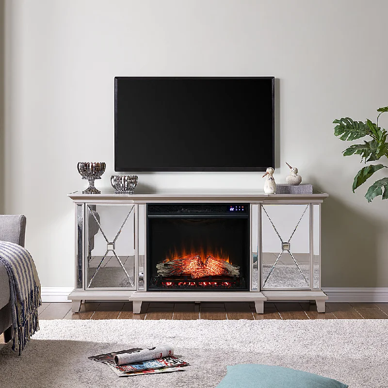 SEI Toppington Mirrored Electric Fireplace Media Console Mirror and silver finish