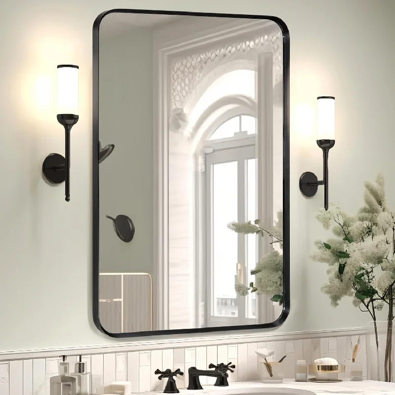 Wall Mount Mirror for Bathroom, Brushed Black Metal Framed Rounded Corner - $40