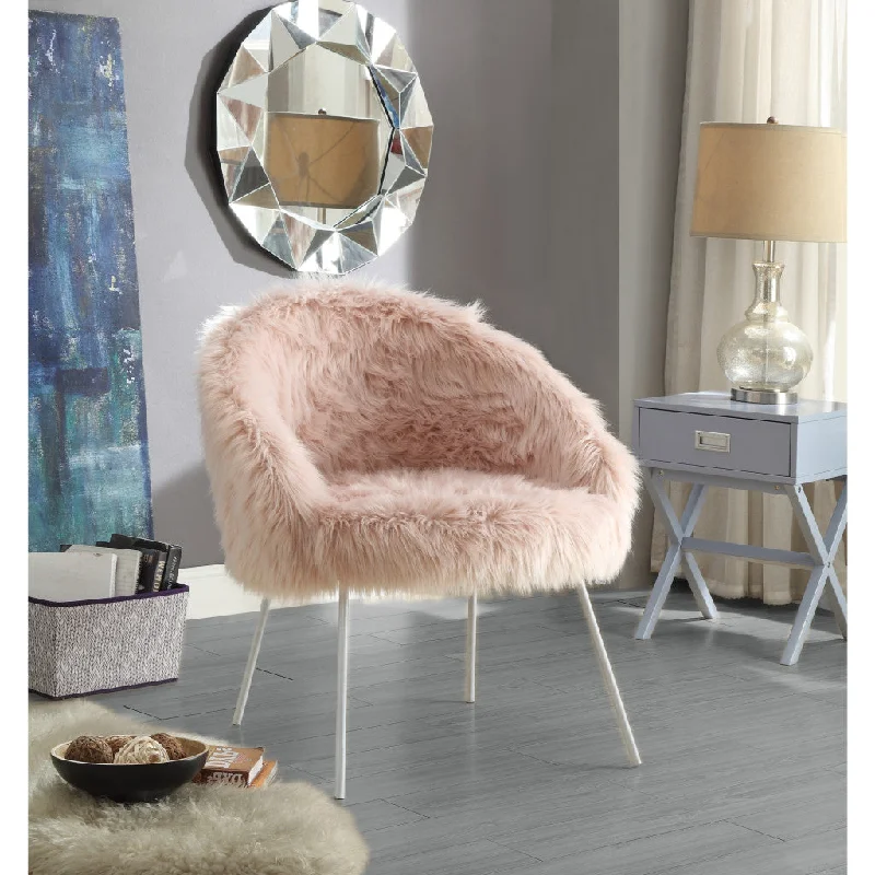 28" Rose And White Faux Fur Arm Chair