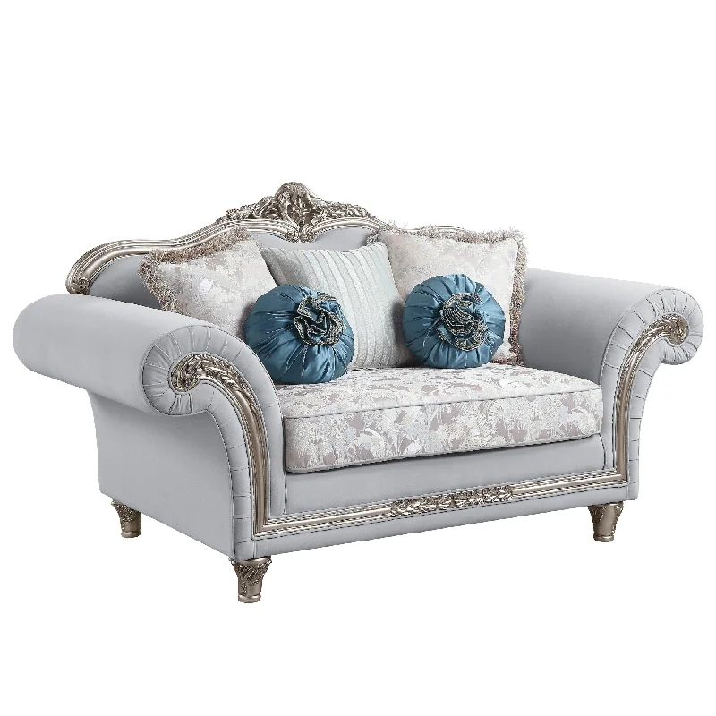 76" Light Gray And Platinum Linen Loveseat and Toss Pillows