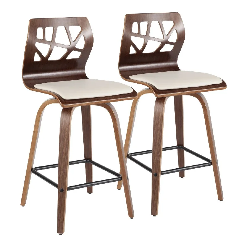 Folia Mid-Century Modern Counter Stool in Walnut Wood and Faux Leather by LumiSource - Set of 2