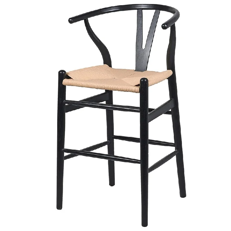 Open Back Black Elm and Rattan Kitchen Bar Stool