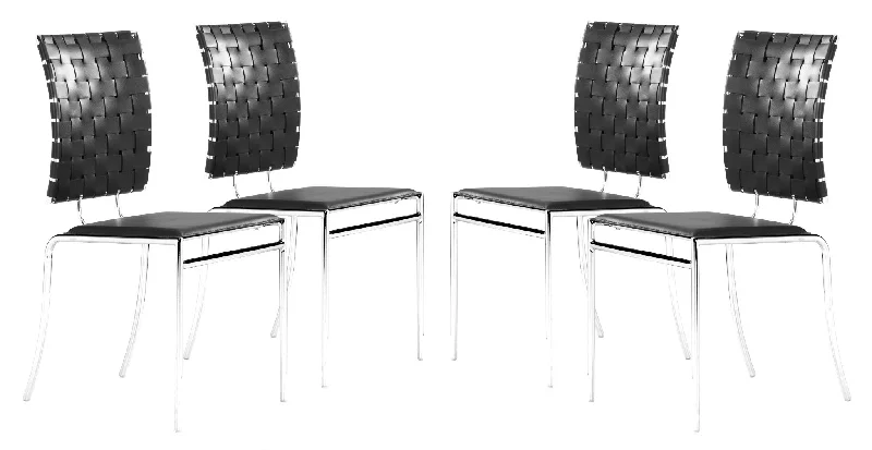 Set of Four Black And Silver Upholstered Faux Leather Open Back Dining Side Chairs