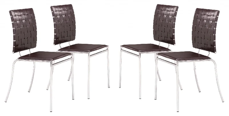 Set of Four Espresso And Silver Upholstered Faux Leather Open Back Dining Side Chairs