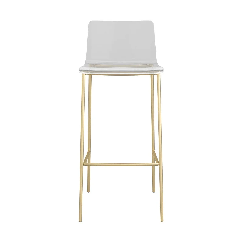 Set of Two 30" Clear And Gold Plastic Low Back Bar Height Bar Chairs