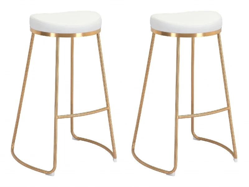 Set of Two 31" White And Gold Steel Backless Bar Height Bar Chairs