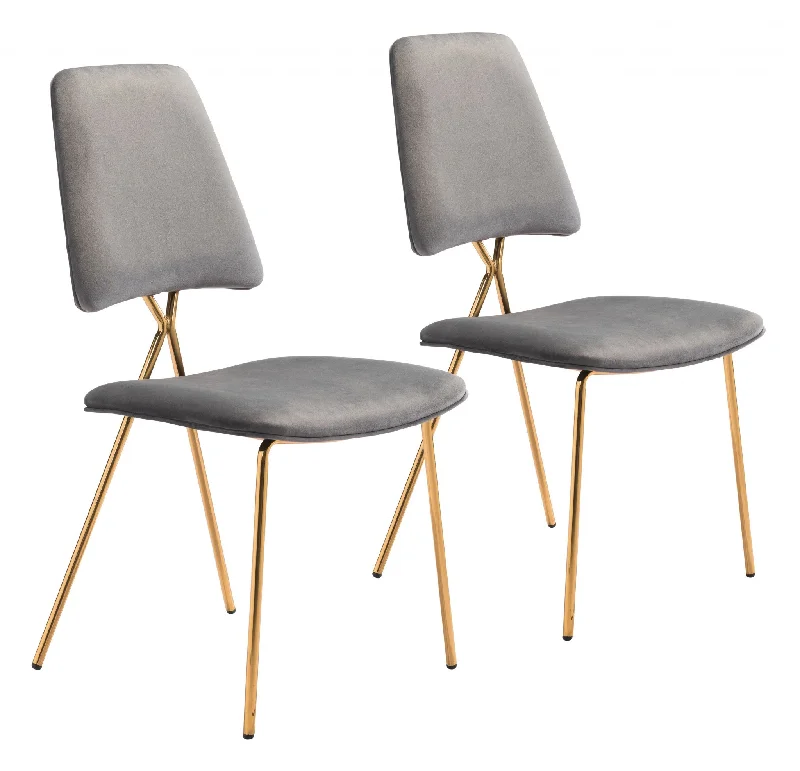 Set of Two Gray And Gold Upholstered Velvet Open Back Dining Side Chairs