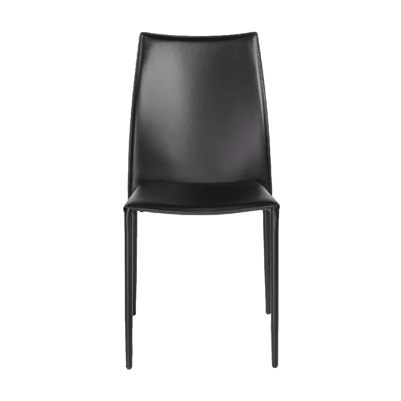 Set of Two Premium All Black Leather Match Stacking Dining Chairs