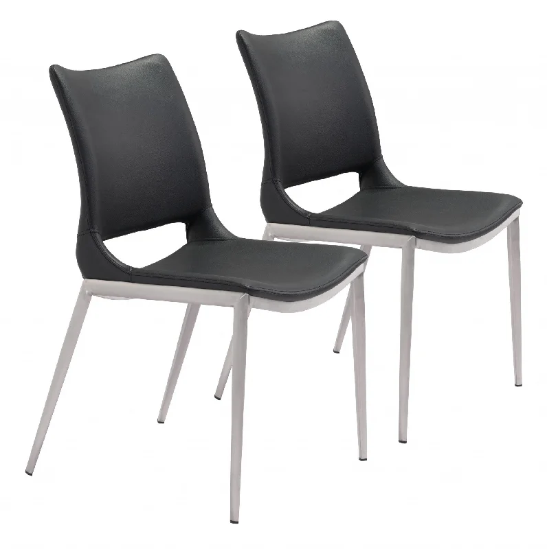 Set of Two Black And Silver Upholstered Faux Leather Open Back Dining Side Chairs