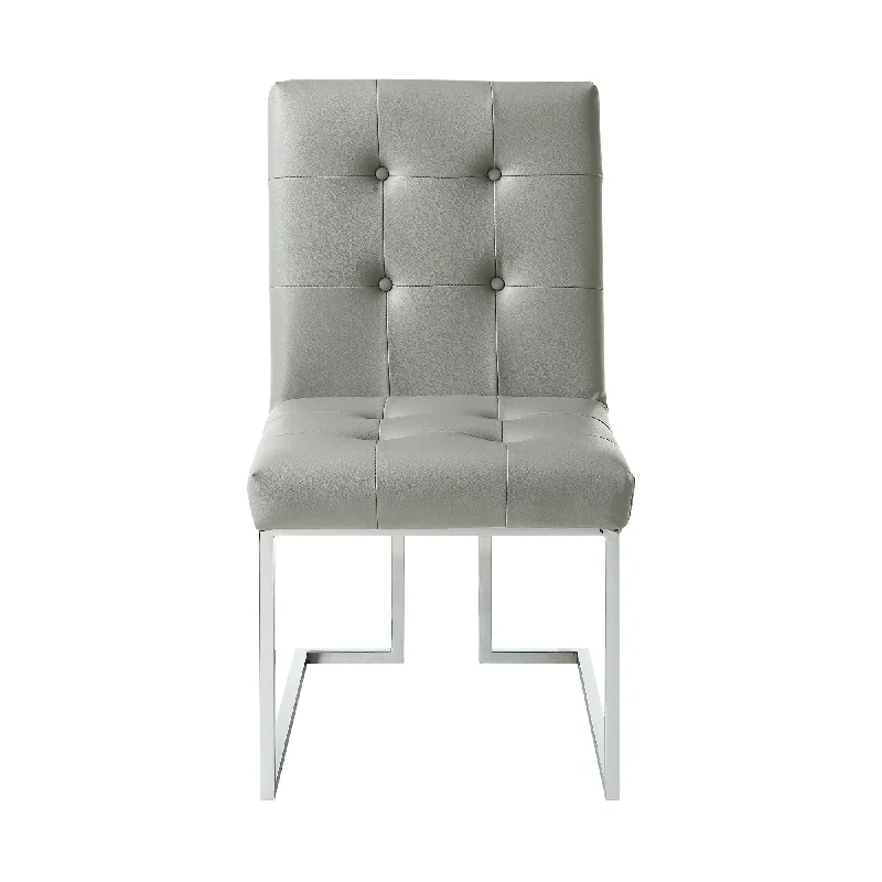 Set of Two Tufted Light Gray and Silver Metallic Upholstered Faux Leather Dining Side Chairs