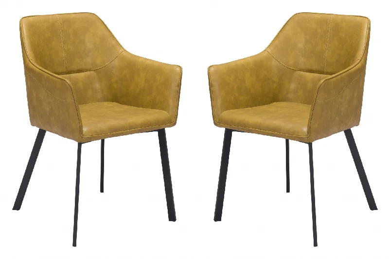 Set of Two Yellow And Black Upholstered Faux Leather Dining Arm Chairs